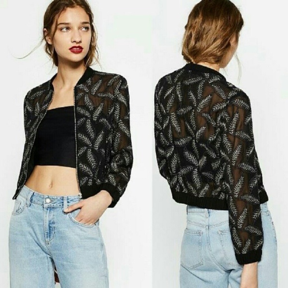 Zara, Black sheer bomber jacket with floral embroidery, Size medium